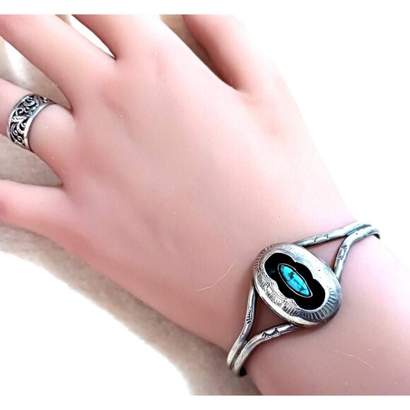 Native American Navajo Turquoise 925 Cuff Bracelet Larry Moses Begay Vntg (1272) - Picture 2 of 6